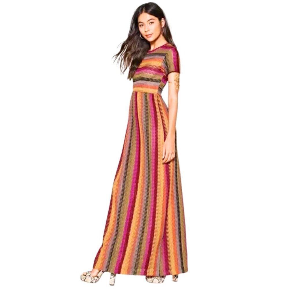 NWOT Nasty Gal Crochet Fuchsia Pink Tan Stripe Short Sleeve Maxi Dress